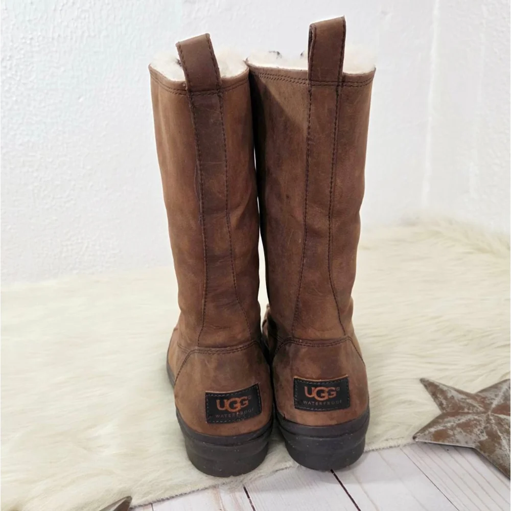 UGG Arquette front zip leather duck boot dark brown nubuck winter shearling sz 7